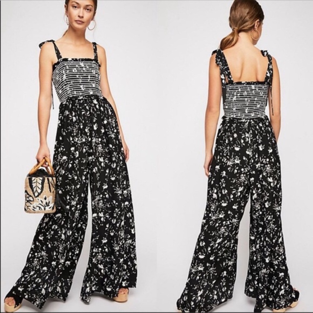 Free People Black Floral Wide Leg Jumpsuit Small